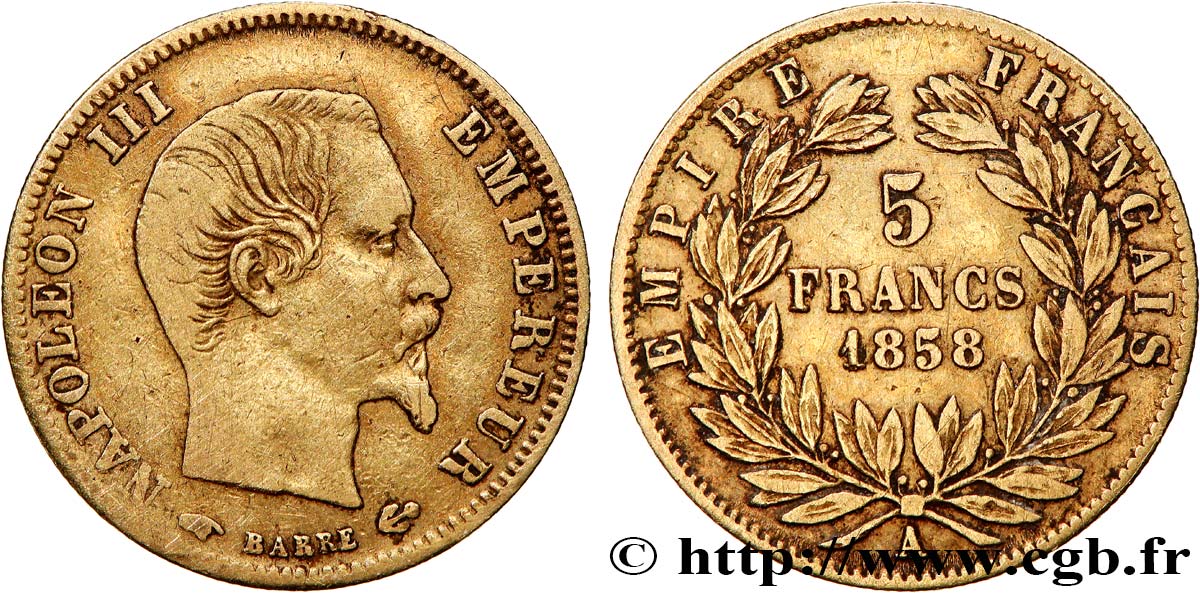 5 francs or Napoléon III, tête nue, grand module 1858 Paris F.501/5 TB 
