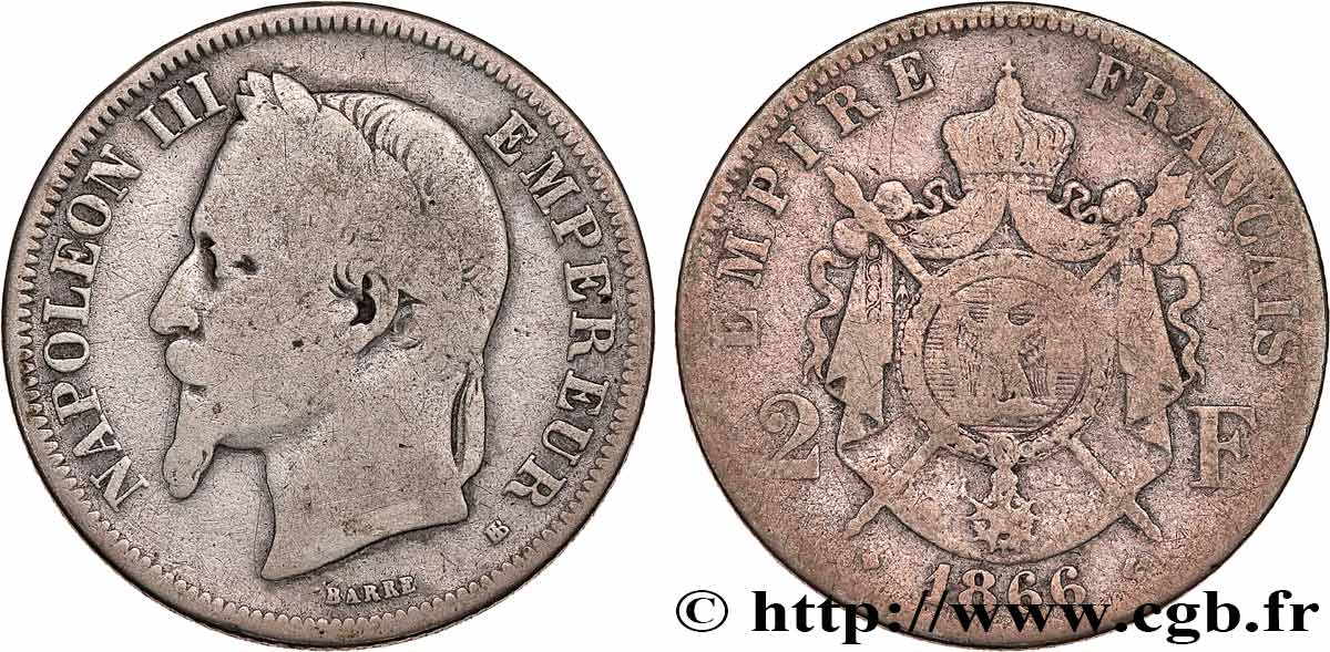 2 francs Napoléon III, tête laurée 1866 Strasbourg F.263/3 F12 