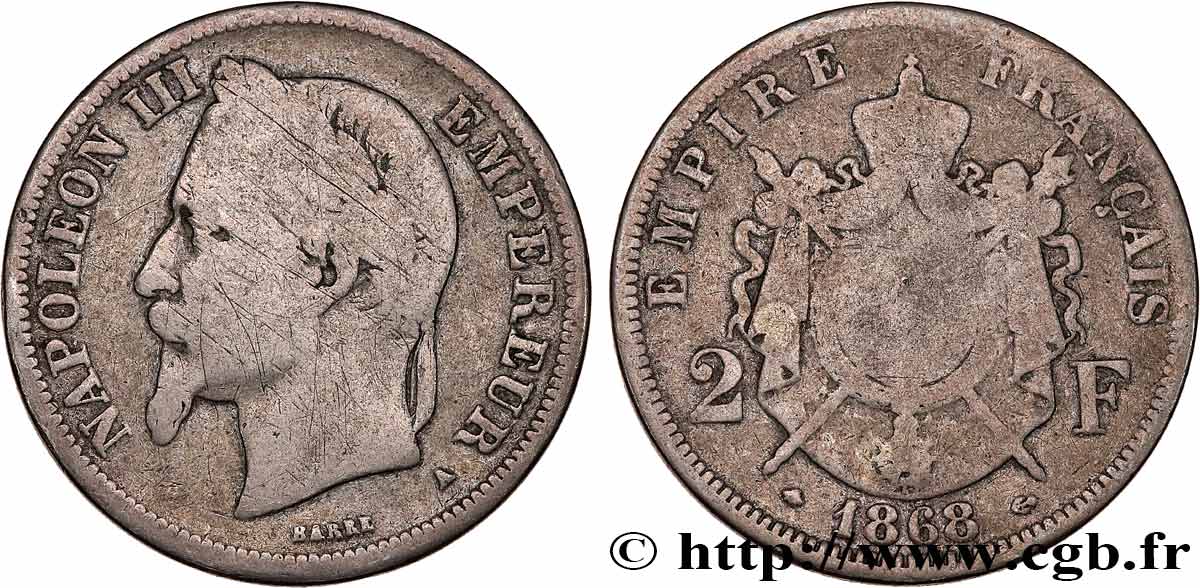 2 francs Napoléon III, tête laurée 1868 Paris F.263/8 RC 