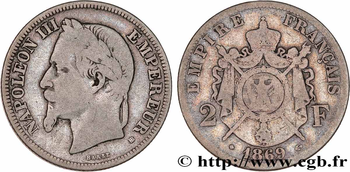 2 francs Napoléon III, tête laurée 1869 Strasbourg F.263/10 TB15 
