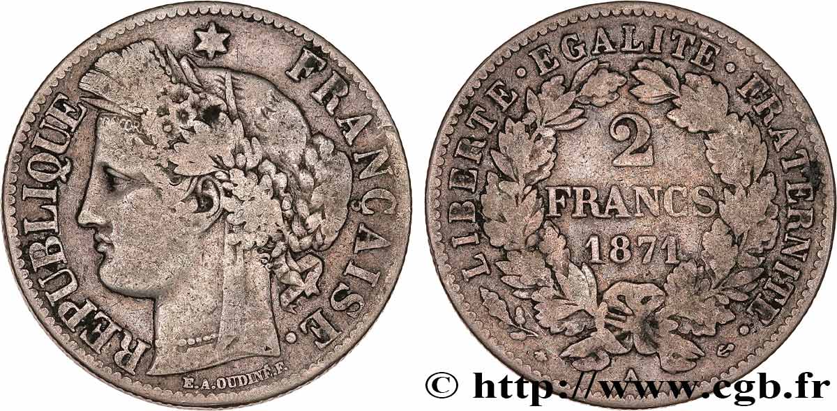 2 francs Cérès, avec légende 1871 Paris F.265/5 TB 