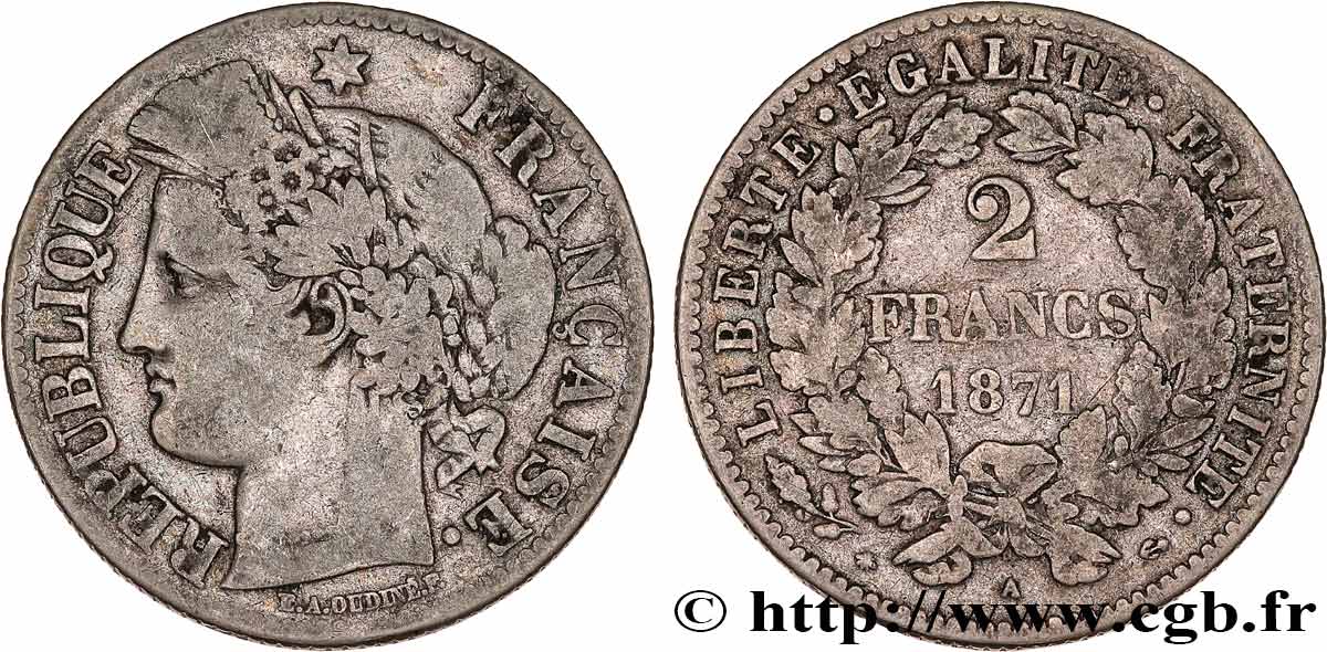 2 francs Cérès, avec légende 1871 Paris F.265/5 TB 