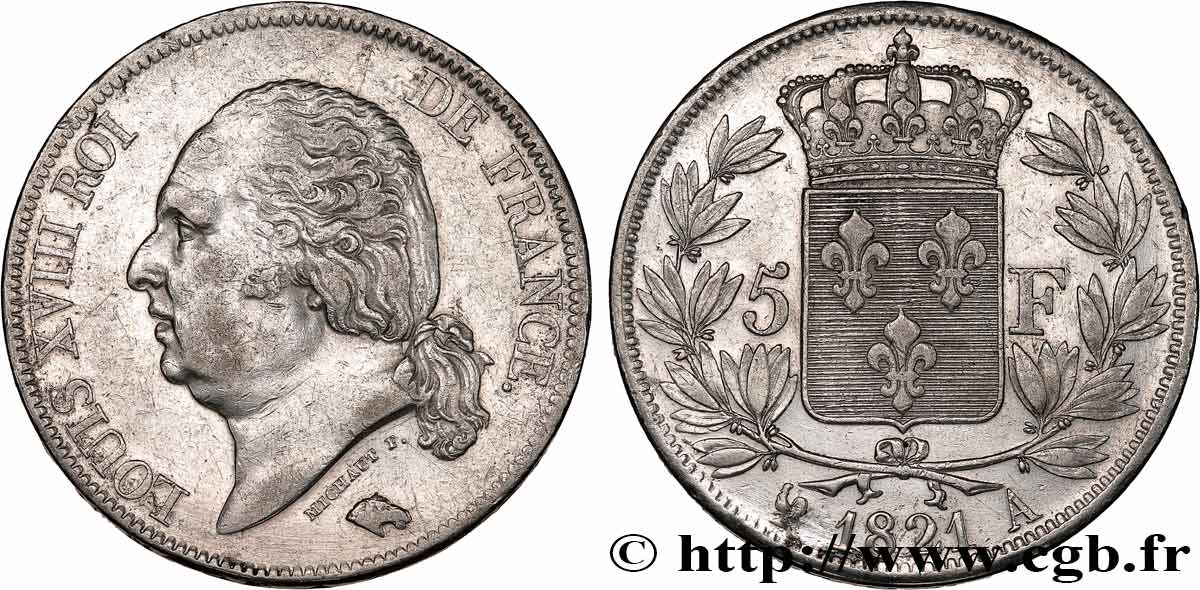 5 francs Louis XVIII, tête nue 1821 Paris F.309/60 TTB 
