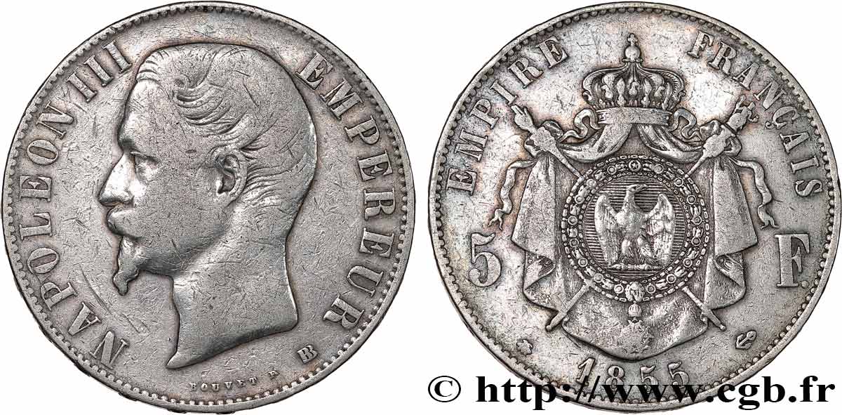 5 francs Napoléon III, tête nue 1855 Strasbourg F.330/4 TB 