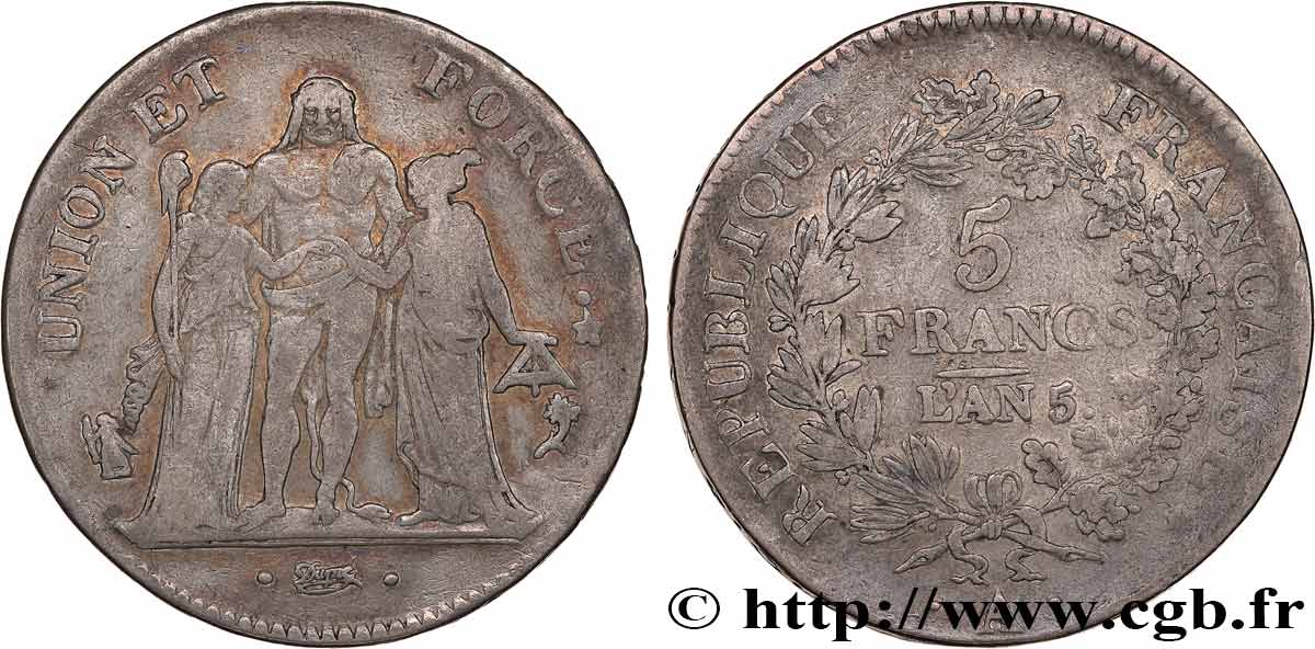 5 francs Union et Force, Union serré, seulement gland extérieur 1797 Paris F.288/11 BC15 