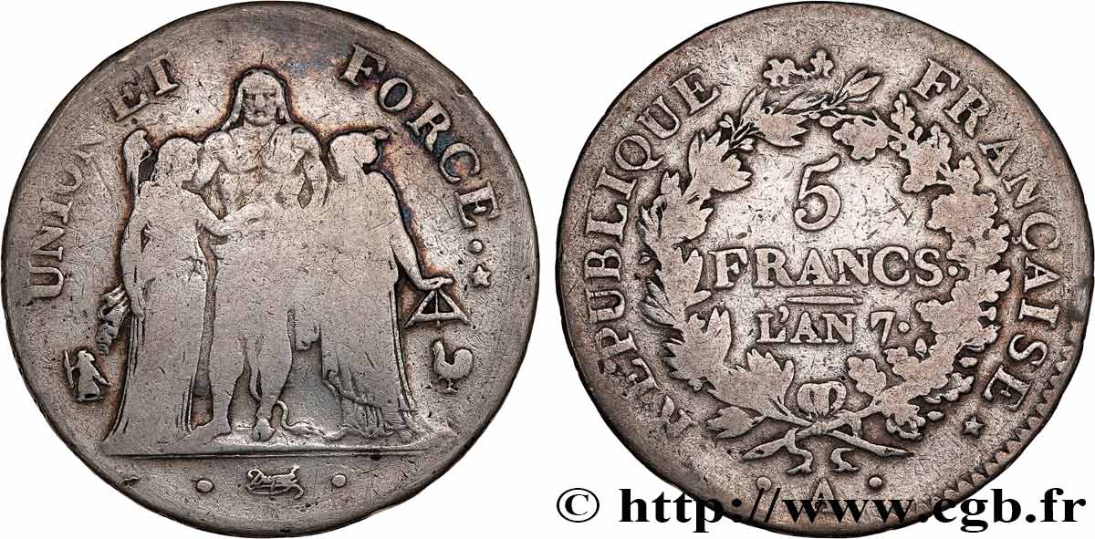 5 francs Union et Force, Union serré, seulement gland extérieur 1799 Paris F.294/27 B+ 