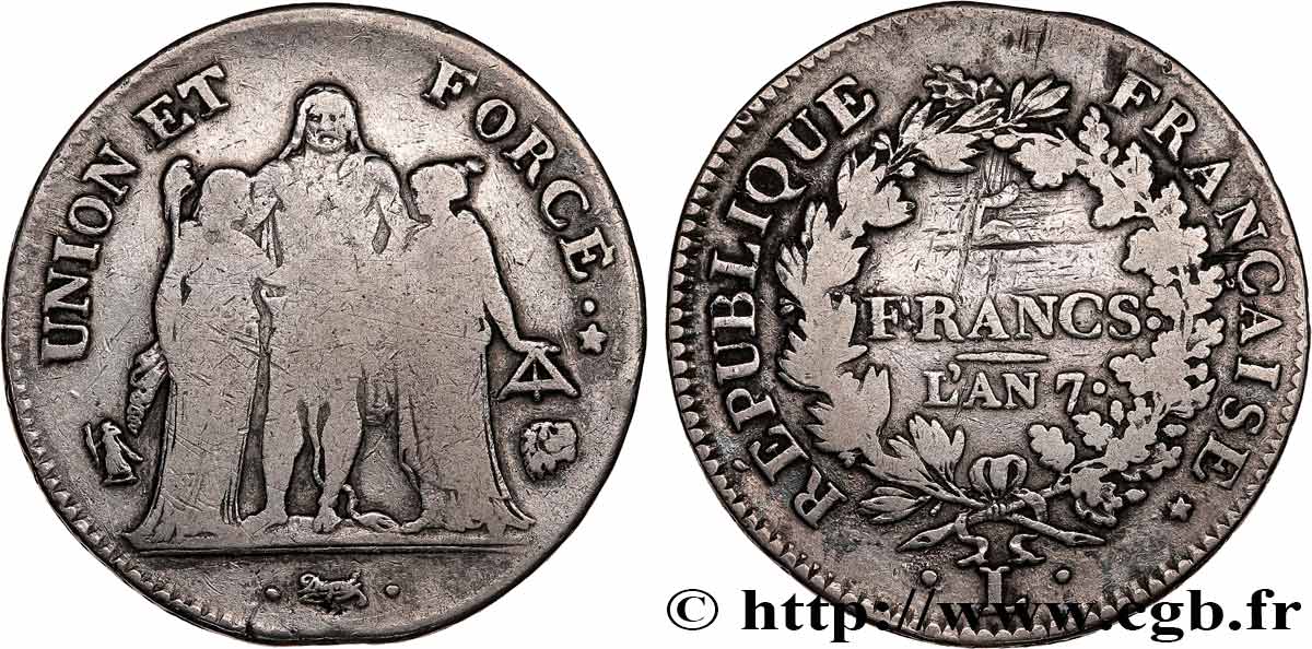 5 francs Union et Force, Union serré, seulement gland extérieur, petite feuille 1799 Bayonne F.288/113 B+ 