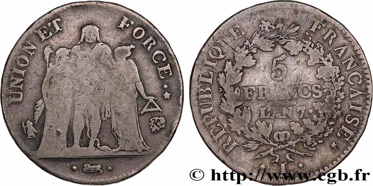 5 francs Union et Force, Union serré, seulement gland extérieur 1799 Bayonne F.288/112 F12 
