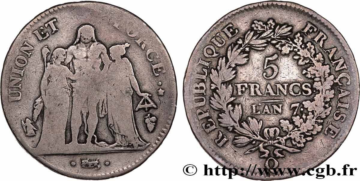 5 francs Union et Force, Union serré, avec glands intérieurs et gland extérieur 1799 Perpignan F.288/120 TB20 