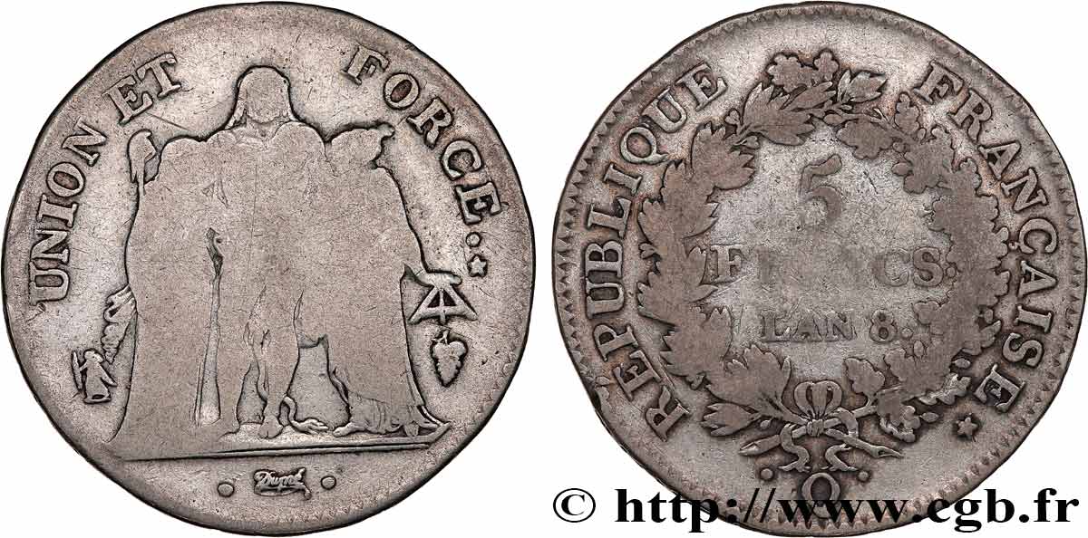 5 francs Union et Force, Union serré, avec glands intérieurs et gland extérieur 1800 Perpignan F.288/149 B 