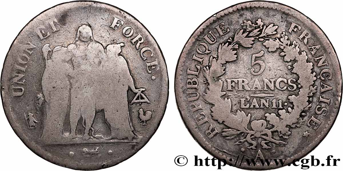 5 francs Union et Force, Union serré, seulement glands intérieurs 1803 Paris F.300/10 VG10 
