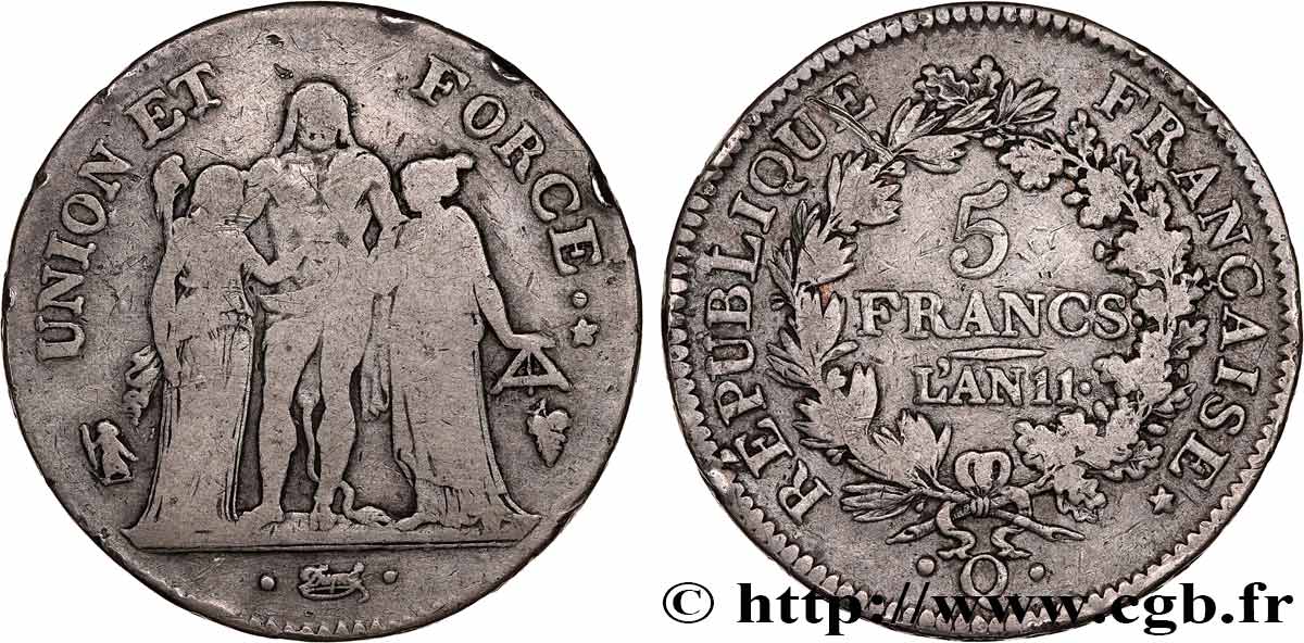 5 francs Union et Force, Union serré, seulement glands intérieurs 1803 Perpignan F.288/197 VF 