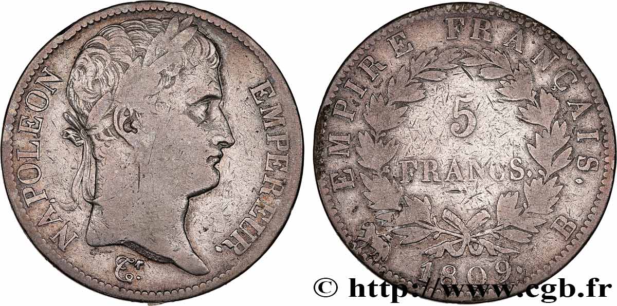 5 francs Napoléon Empereur, Empire français 1809 Rouen F.307/2 VF 