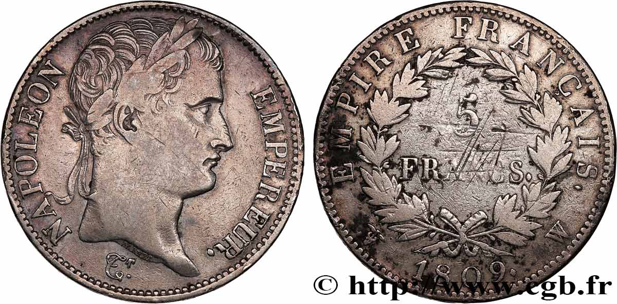 5 francs Napoléon Empereur, Empire français 1809 Lille F.307/13 TB 