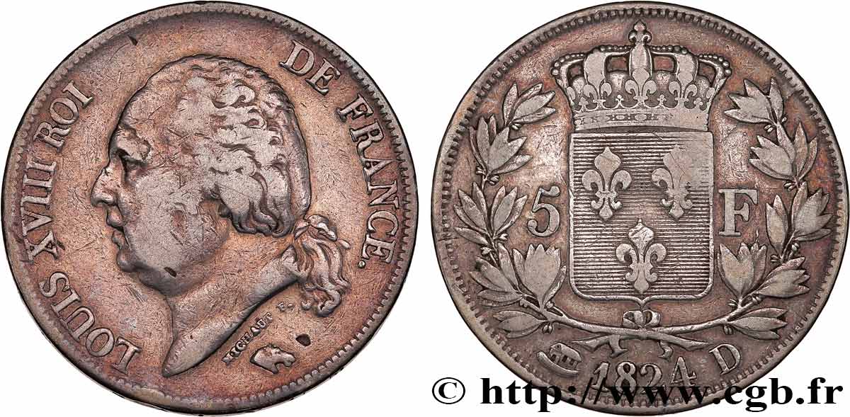 5 francs Louis XVIII, tête nue 1824 Lyon F.309/90 TB 