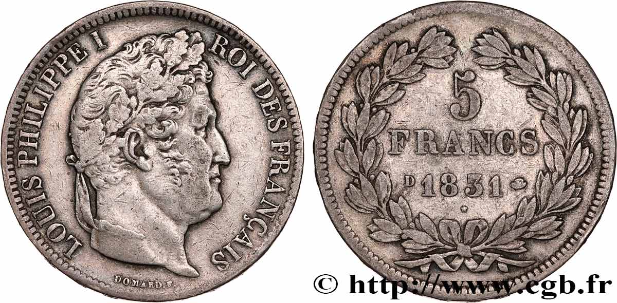 5 francs Ier type Domard, tranche en relief 1831 Lyon F.320/4 VF35 