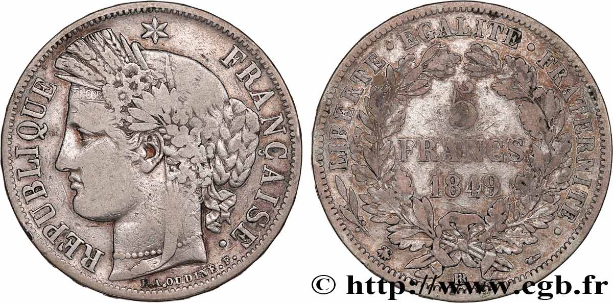5 francs Cérès, IIe République 1849 Strasbourg F.327/3 BC 