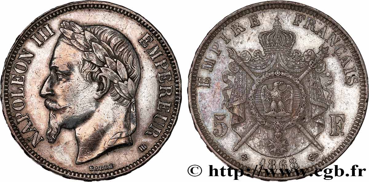 5 francs Napoléon III, tête laurée 1868 Strasbourg F.331/13 BB/q.SPL 