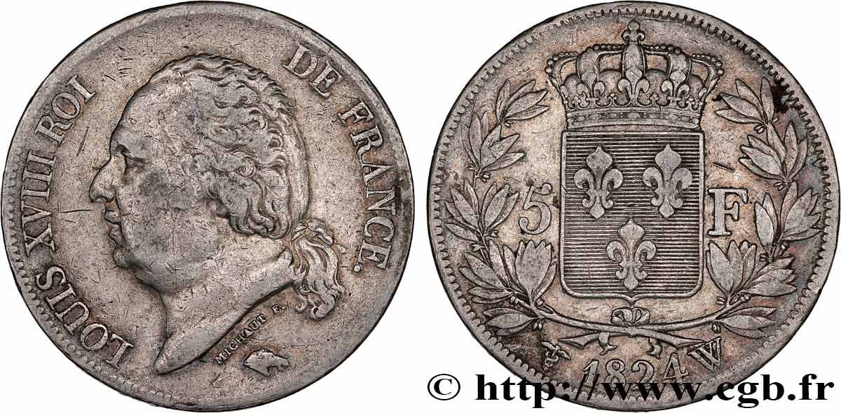 5 francs Louis XVIII, tête nue 1824 Lille F.309/98 TB+ 