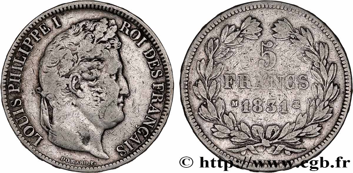 5 francs Ier type Domard, tranche en relief 1831 Toulouse F.320/9 S 