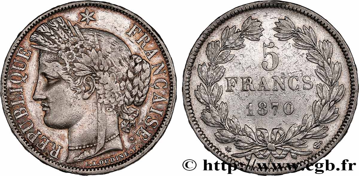 5 francs Cérès, sans légende 1870 Paris F.332/1 TB+ 