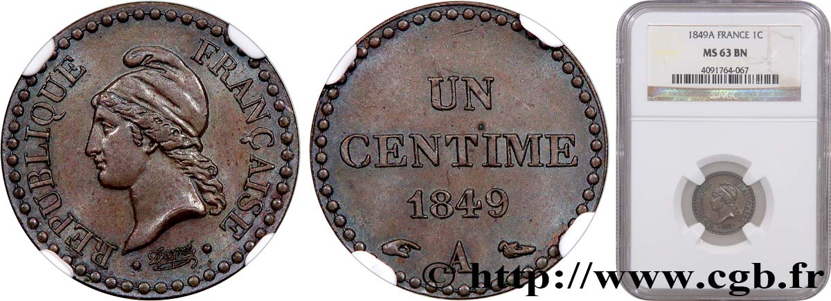 Un centime Dupré, IIe République 1849 Paris F.101/2 MS63 NGC