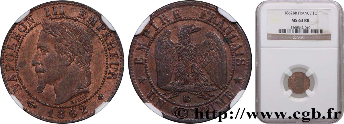 Un centime Napoléon III, tête laurée 1862 Strasbourg F.103/5 fST63 NGC