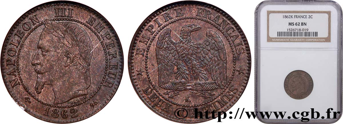 Deux centimes Napoléon III, tête laurée 1862 Bordeaux F.108A/7 MS62 NGC