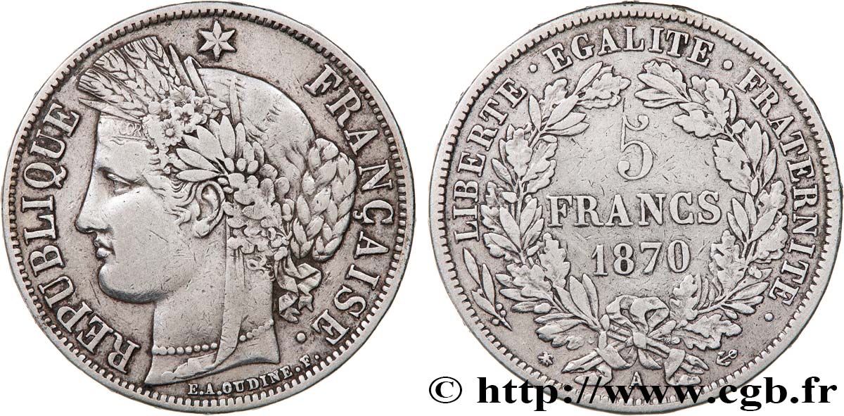 5 francs Cérès, avec légende 1870 Paris F.333/1 TB 