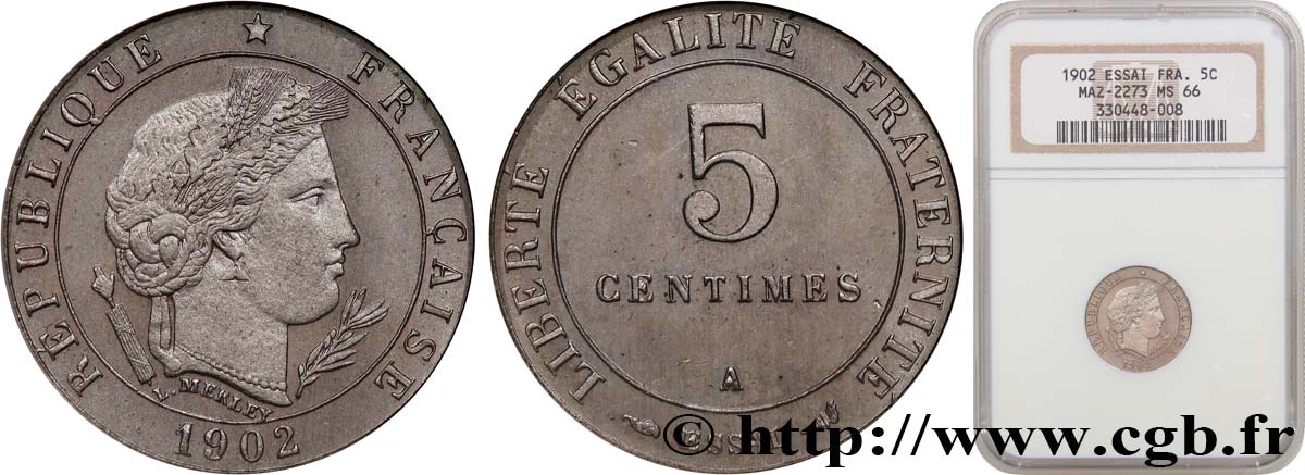 Essai de 5 centimes Merley Type II 1902 Paris GEM.13 9 ST66 NGC