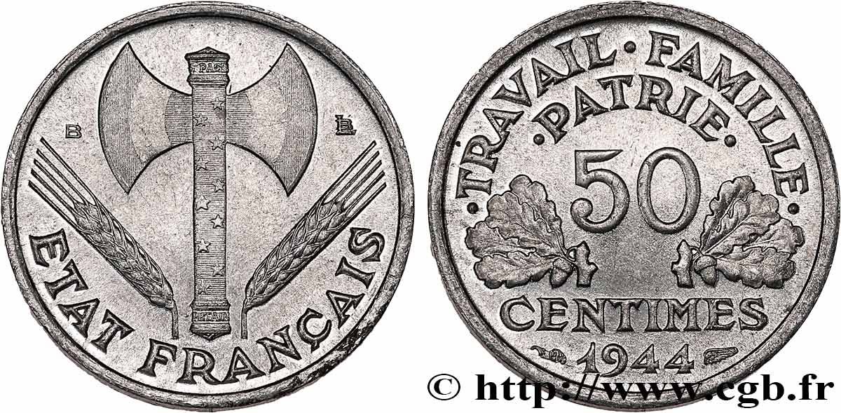 50 centimes Francisque, légère 1944 Beaumont-Le-Roger F.196/5 MS60 