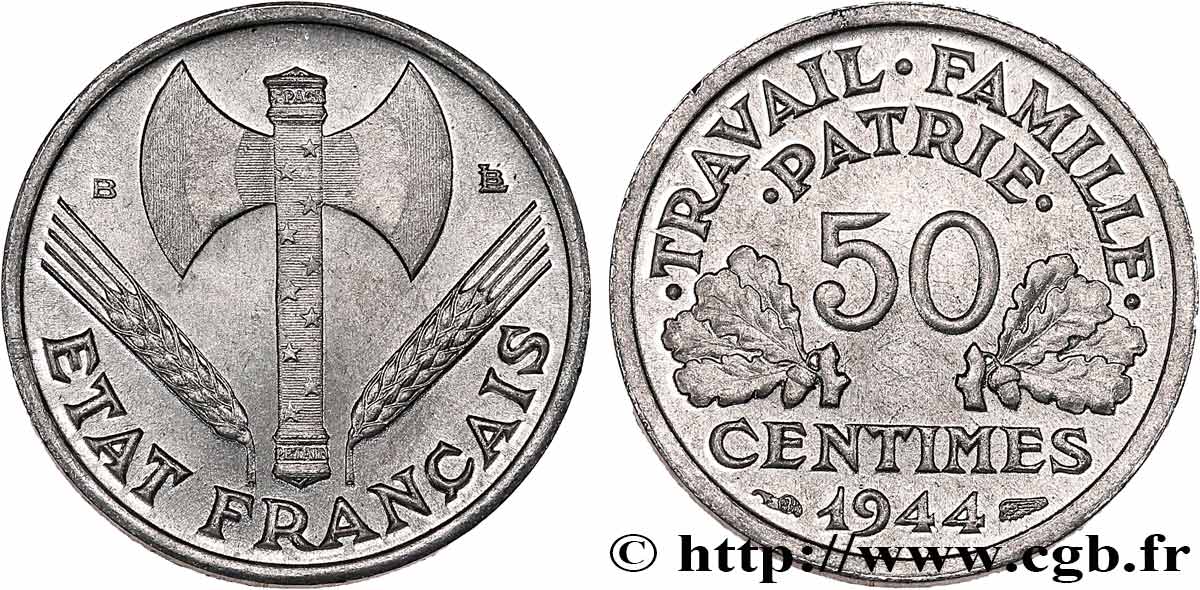 50 centimes Francisque, légère 1944 Beaumont-Le-Roger F.196/5 EBC60 
