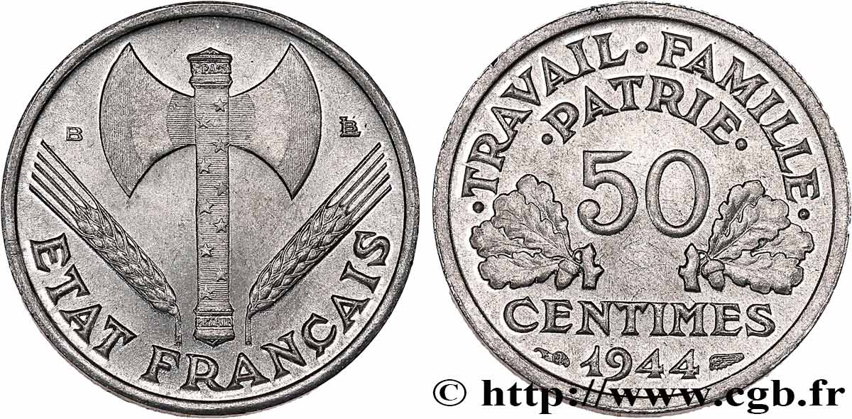50 centimes Francisque, légère 1944 Beaumont-Le-Roger F.196/5 SUP60 