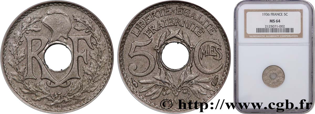 5 centimes Lindauer, petit module 1936  F.122/19 MS64 NGC