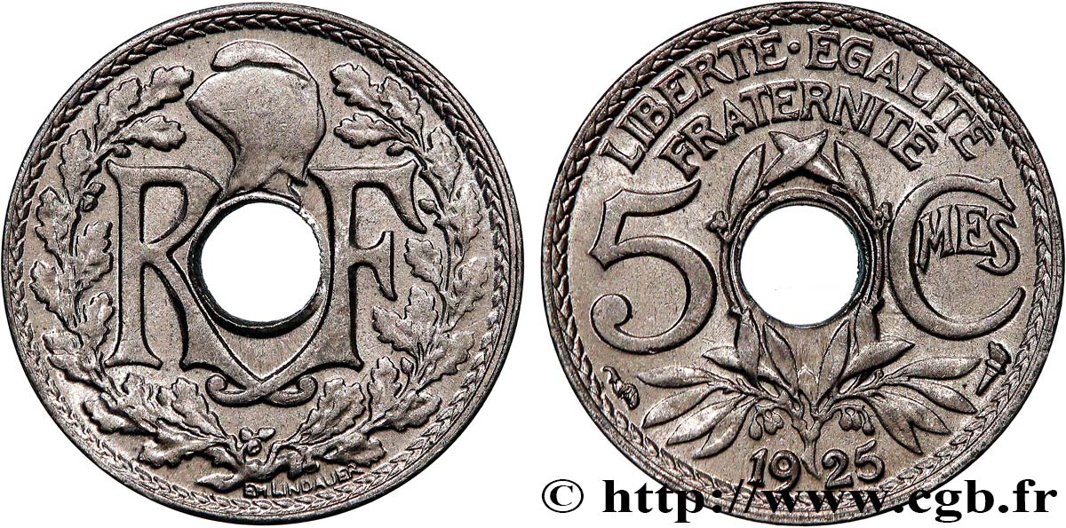 5 centimes Lindauer, petit module 1925  F.122/10 AU55 