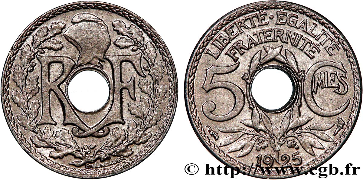 5 centimes Lindauer, petit module 1925  F.122/10 AU55 