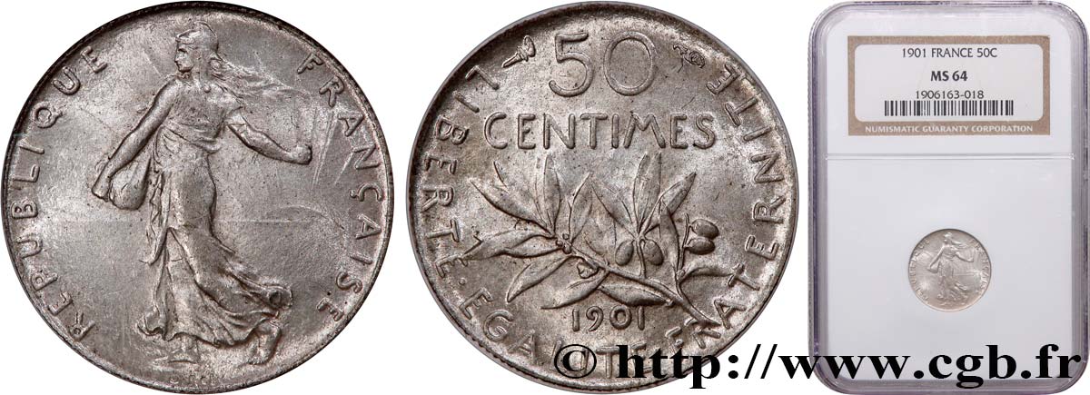 50 centimes Semeuse 1901 Paris F.190/8 fST64 NGC