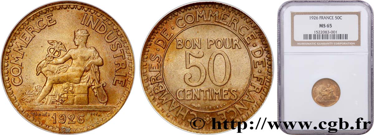 50 centimes Chambres de Commerce 1926 Paris F.191/8 FDC65 NGC