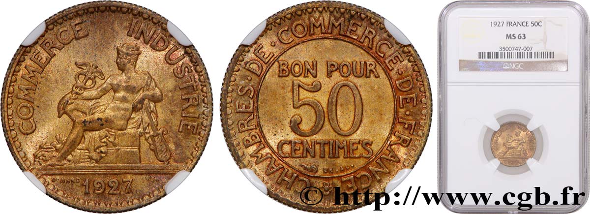 50 centimes Chambres de Commerce 1927 Paris F.191/9 SPL63 NGC