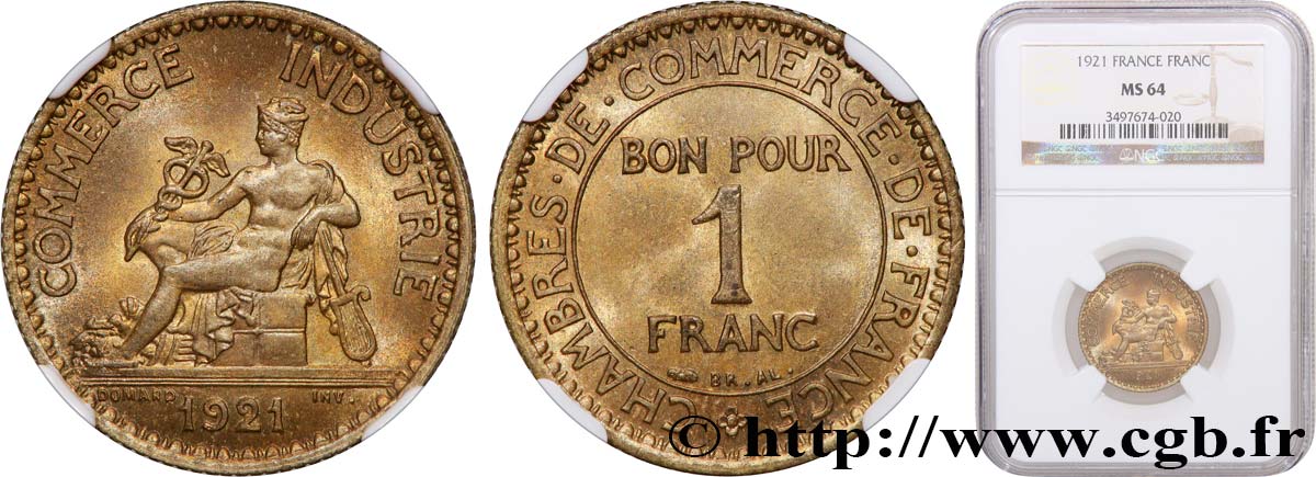 1 franc Chambres de Commerce 1921 Paris F.218/3 MS64 NGC