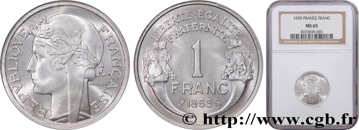 1 franc Morlon, légère 1959  F.221/23 ST65 NGC