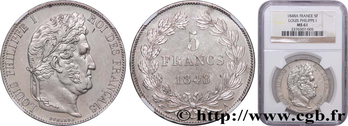 5 francs IIIe type Domard 1848 Paris F.325/17 MS61 NGC