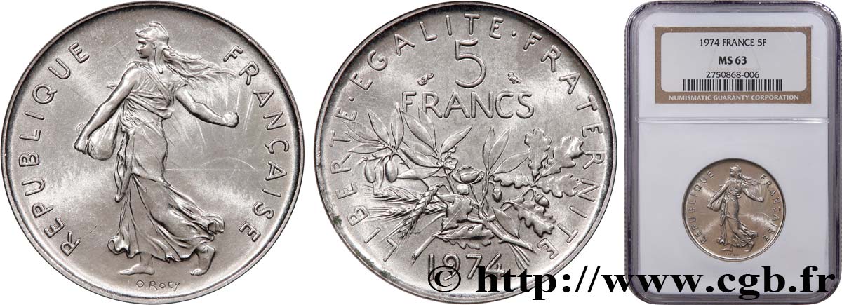 5 francs Semeuse, nickel 1974 Pessac F.341/6 fST63 NGC