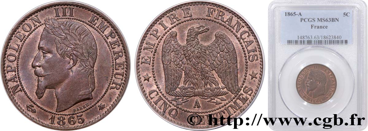 Cinq centimes Napoléon III, tête laurée 1865 Paris F.117/16 MS63 PCGS