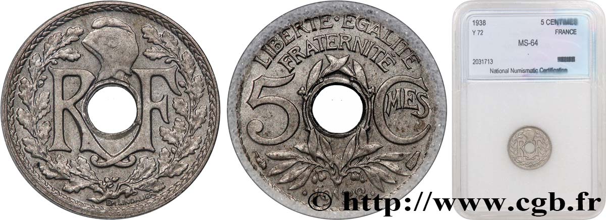 5 centimes Lindauer, maillechort 1938 Paris F.123A/2 MS60 autre