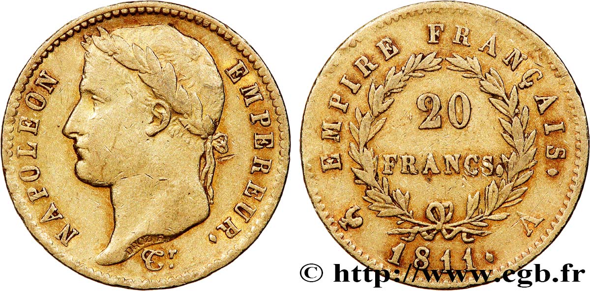 20 francs or Napoléon, tête laurée, Empire français 1811 Paris F.516/16 XF 