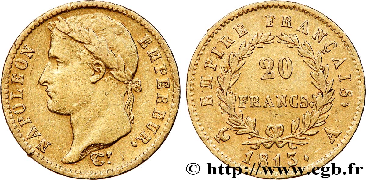 20 francs or Napoléon tête laurée, Empire français 1813 Paris F.516/30 TB+ 