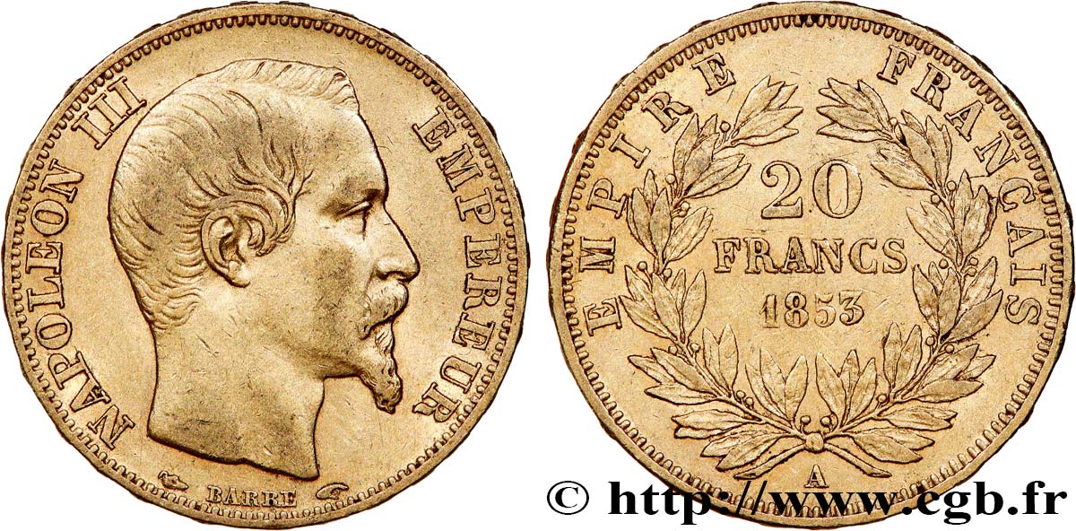 20 francs or Napoléon III, tête nue 1853 Paris F.531/1 AU50 