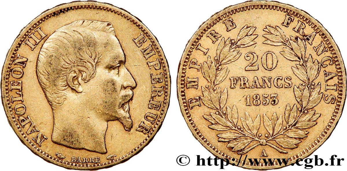 20 francs or Napoléon III, tête nue 1853 Paris F.531/1 BB 