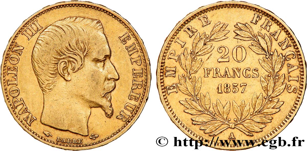20 francs or Napoléon III, tête nue 1857 Paris F.531/12 XF 